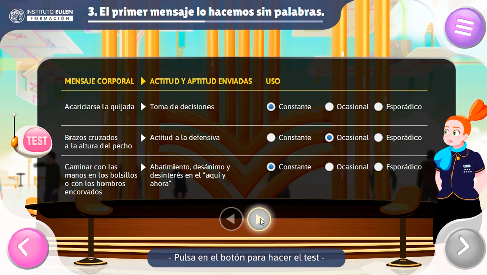 Escena del curso Tu persona más importante que muestra el uso de storytelling en eLearning para entrenar habilidades de atención al cliente con apoyo de inteligencia artificial