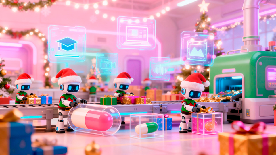 Robots navideños trabajando en una fábrica creativa donde se producen regalos invisibles basados en formación y aprendizaje.