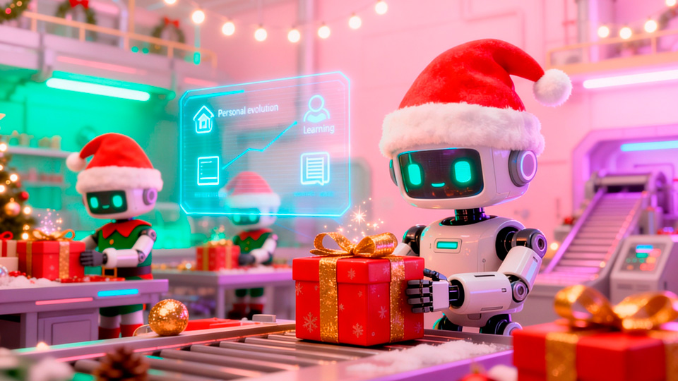 Regalos de Navidad para tu equipo representados por un robot navideño sosteniendo un regalo mientras hologramas muestran aprendizaje, crecimiento y evolución profesional.