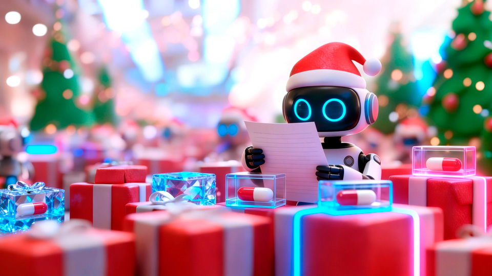 Robot navideño leyendo y analizando contenidos de aprendizaje personalizados en un entorno festivo.