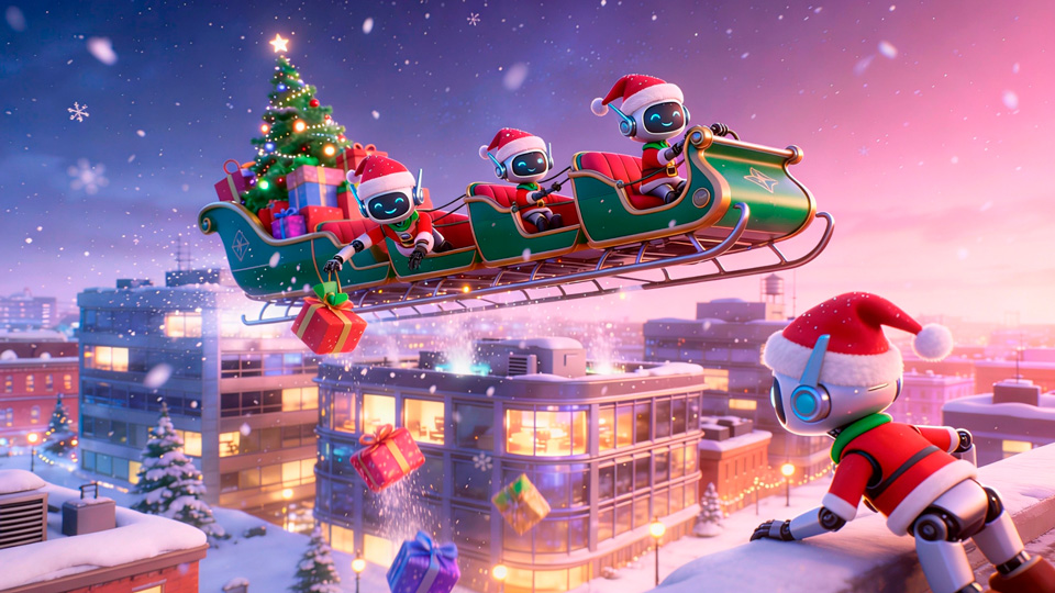Robots navideños repartiendo regalos invisibles desde un trineo sobre la ciudad, simbolizando el impacto del aprendizaje.