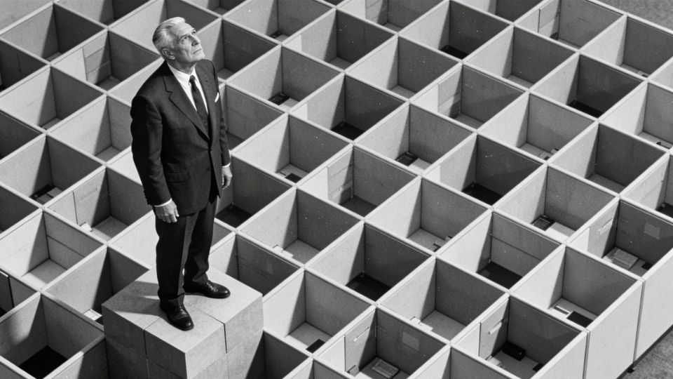 Hombre en un laberinto de cubículos.