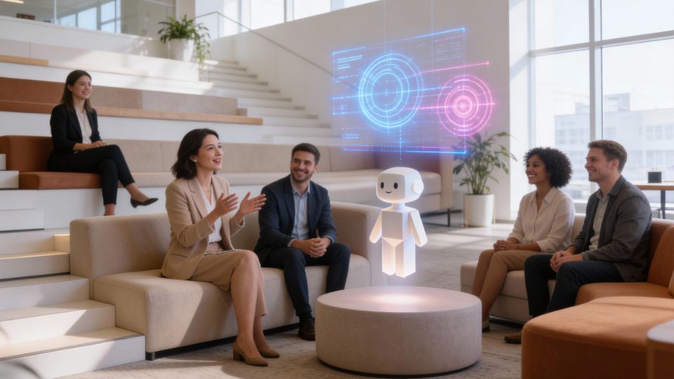 Reunión con holograma en oficina.