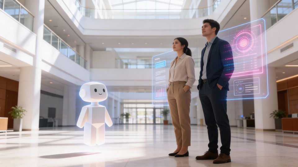 Persona y robot en un edificio moderno.