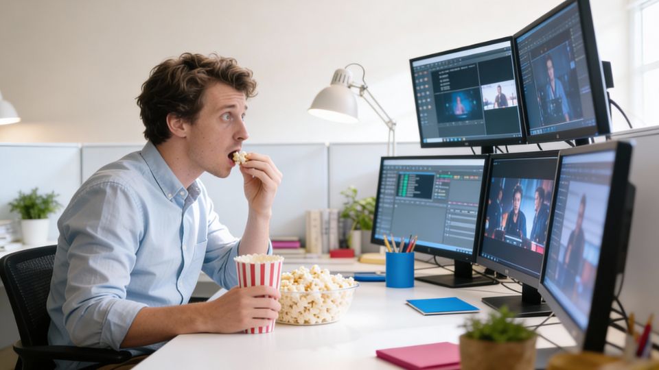 Hombre viendo videos con palomitas.