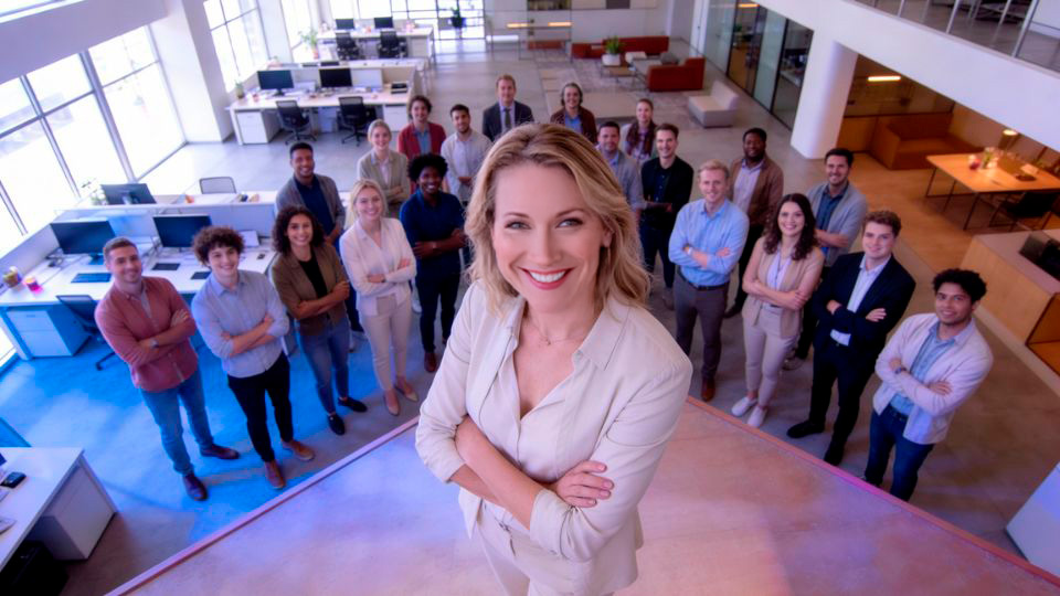 Liderazgo corporativo representado por un grupo de personas tras una líder elevada en un escenario en un oficina moderna.